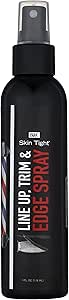 Hair spray bottle labeled 'Skin Tight' for line, trim, and edge spray on a black background
